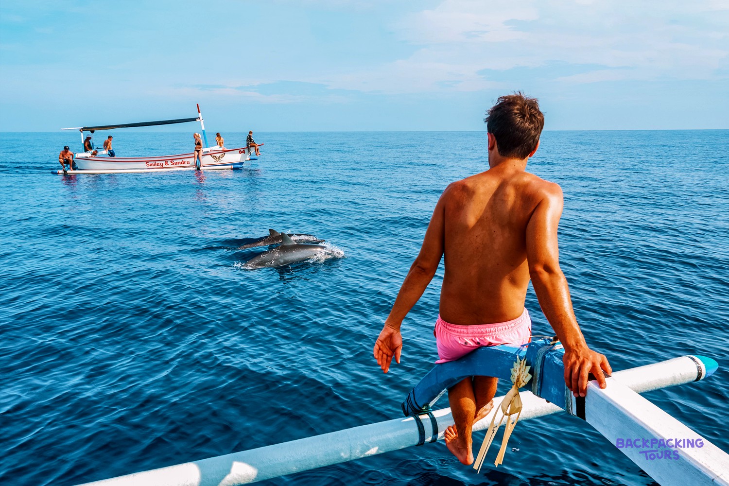 A man on a boat watches two dolphins swimming near another boat on the blue ocean.
