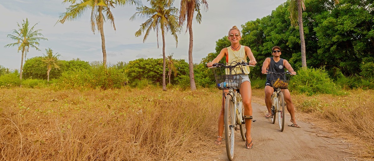 Two people cycle along a dirt path lined with tall palm trees and dry golden grass.