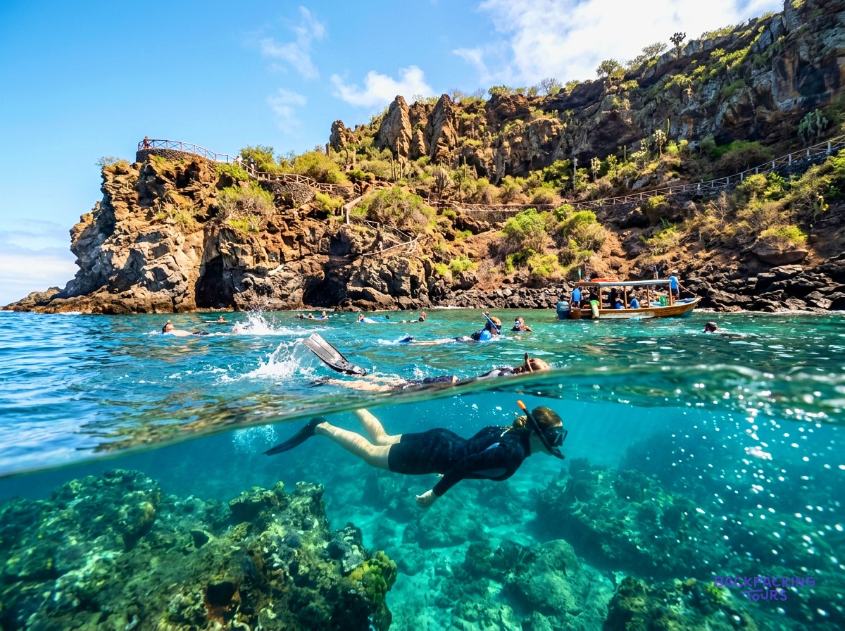 Snorkellers exploring a rocky cove in the Galapagos