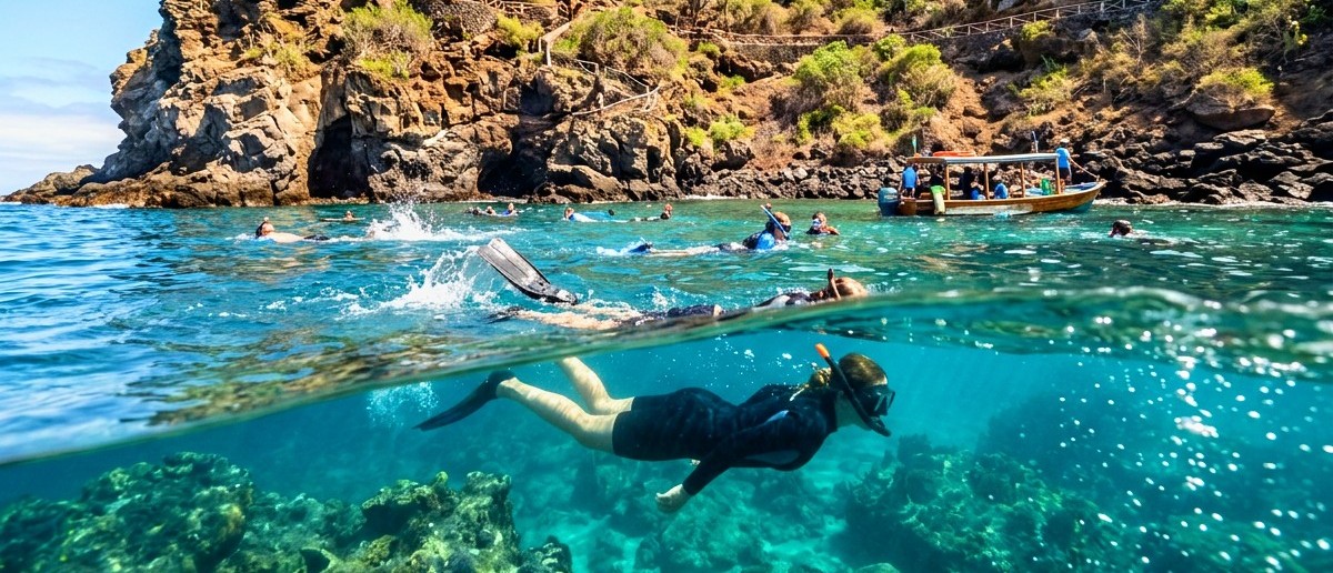 Snorkellers exploring a rocky cove in the Galapagos
