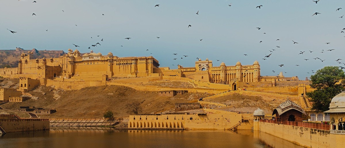 Numerous birds fly above a sprawling golden fort complex, built on a hillside next to a reflective lake.