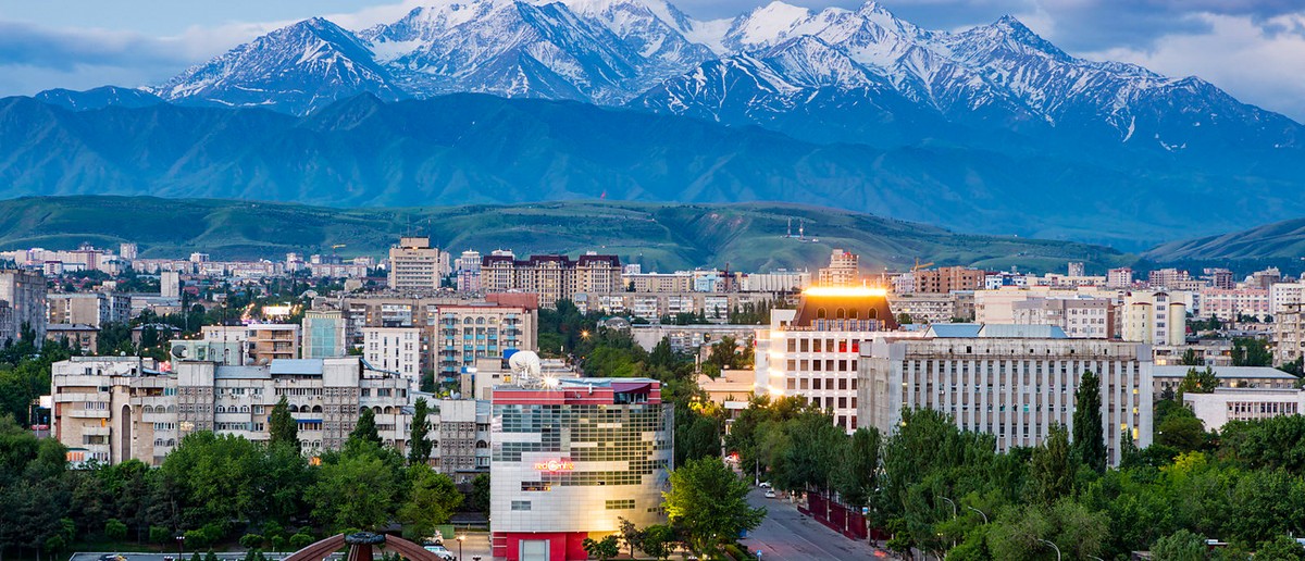 A city skyline with numerous buildings and green trees sits before majestic snow-capped mountains.