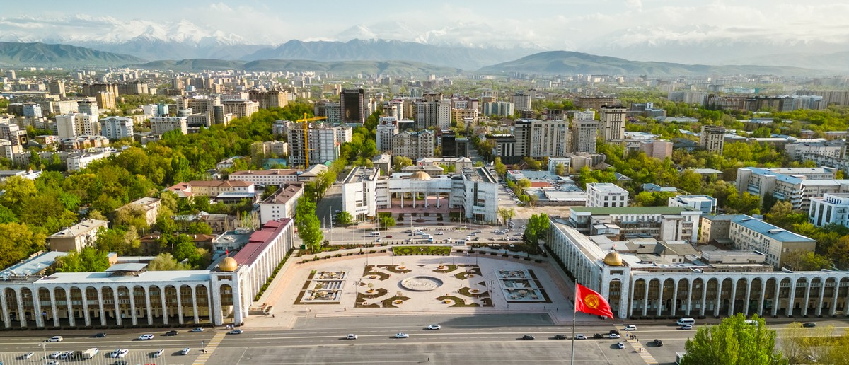 A city with buildings, green trees, a large central square with a red flag, and distant snow-capped mountains.