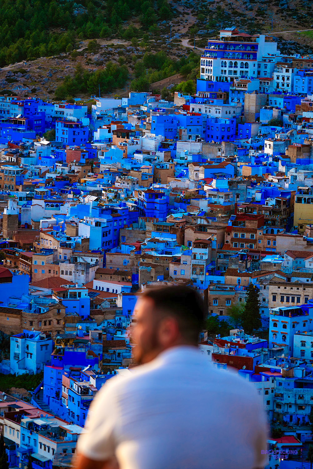 A traveller looks out over the blue-washed houses of Chefchaouen spread across the hillside.