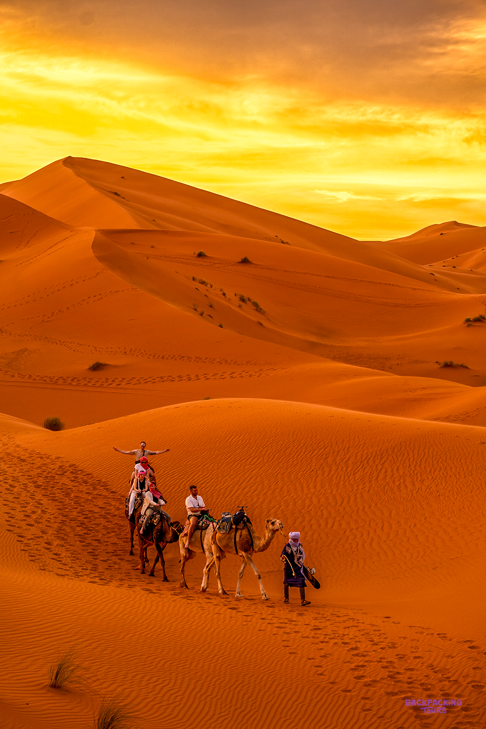 A camel caravan crosses the dunes beneath a glowing orange sunset sky in the Sahara.