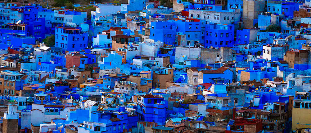 Blue and white houses packed tightly together across a hillside in Chefchaouen.