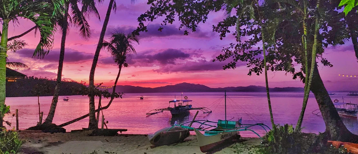 Vibrant purple and pink sunset over a tropical beach with traditional boats and palm trees in the Philippines.