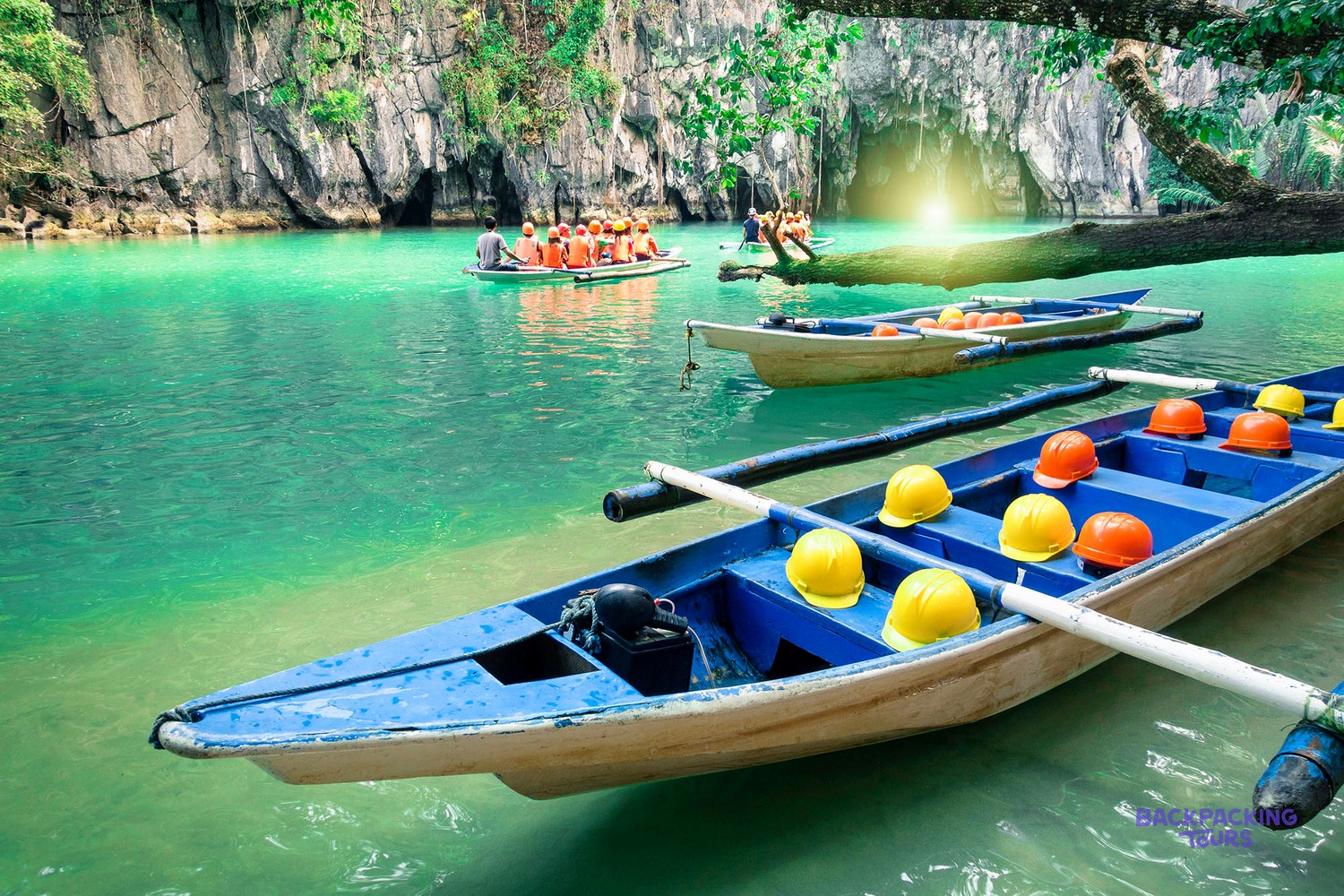 Stalactite formations lit up inside the Palawan Underground River.