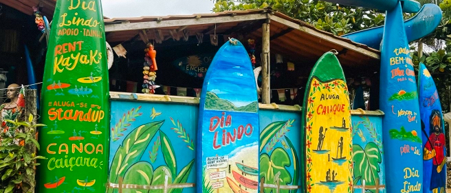 Turquoise water and forested hills on car-free Ilha Grande