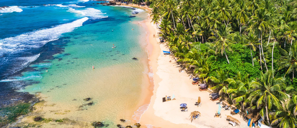 Aerial view of Mirissa beach in Sri Lanka, with turquoise waves, golden sand, and lush palm trees.