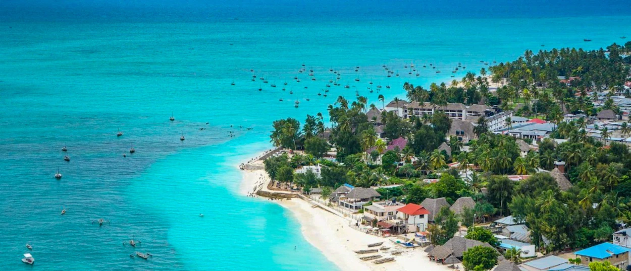 Aerial view of Zanzibar's Nungwi beach with turquoise ocean, many boats, and palm-lined coast.