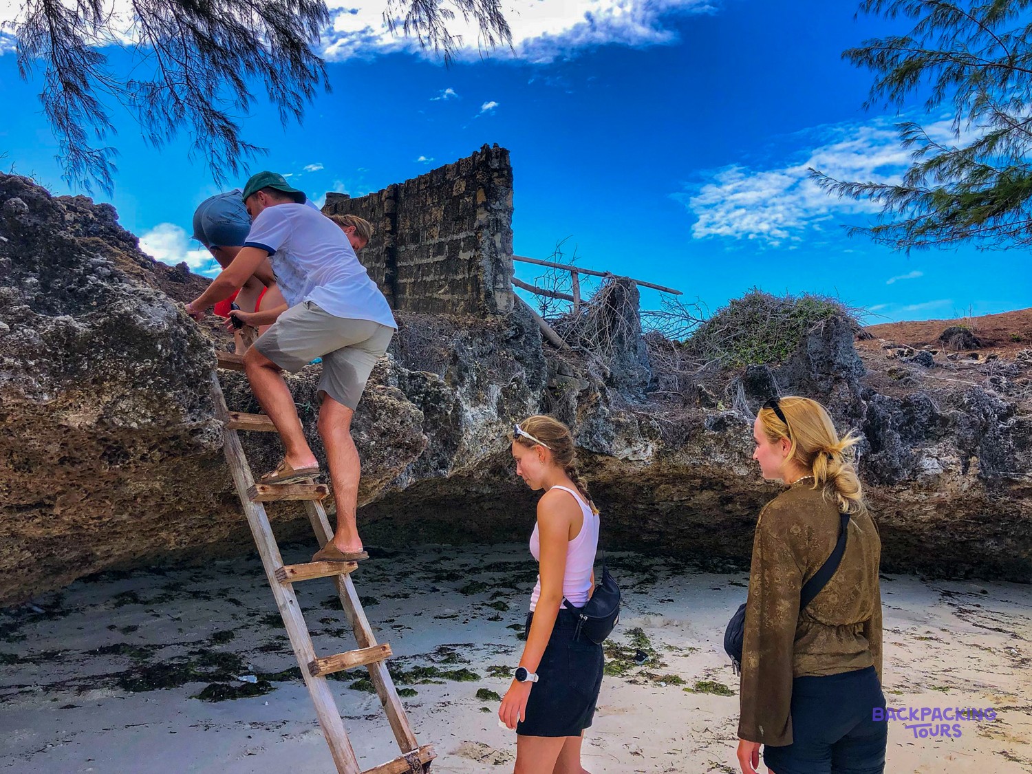 A volunteer climbs a wooden ladder up the coral rock while two others wait below.