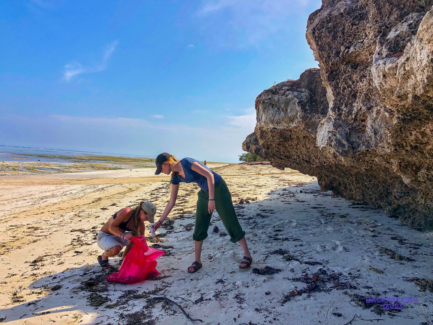 Two volunteers fill a pink rubbish sack with litter on the beach beside a coral cliff.