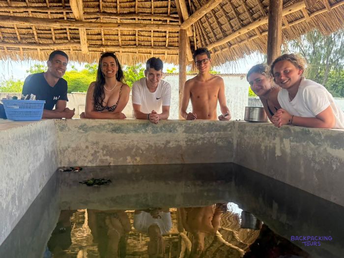 Six volunteers lean on the wall of a turtle tank under the thatched roof, smiling.