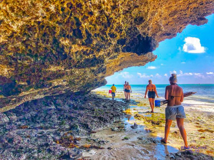 People walk out along the shore beneath a deeply undercut coral cliff towards the sea.