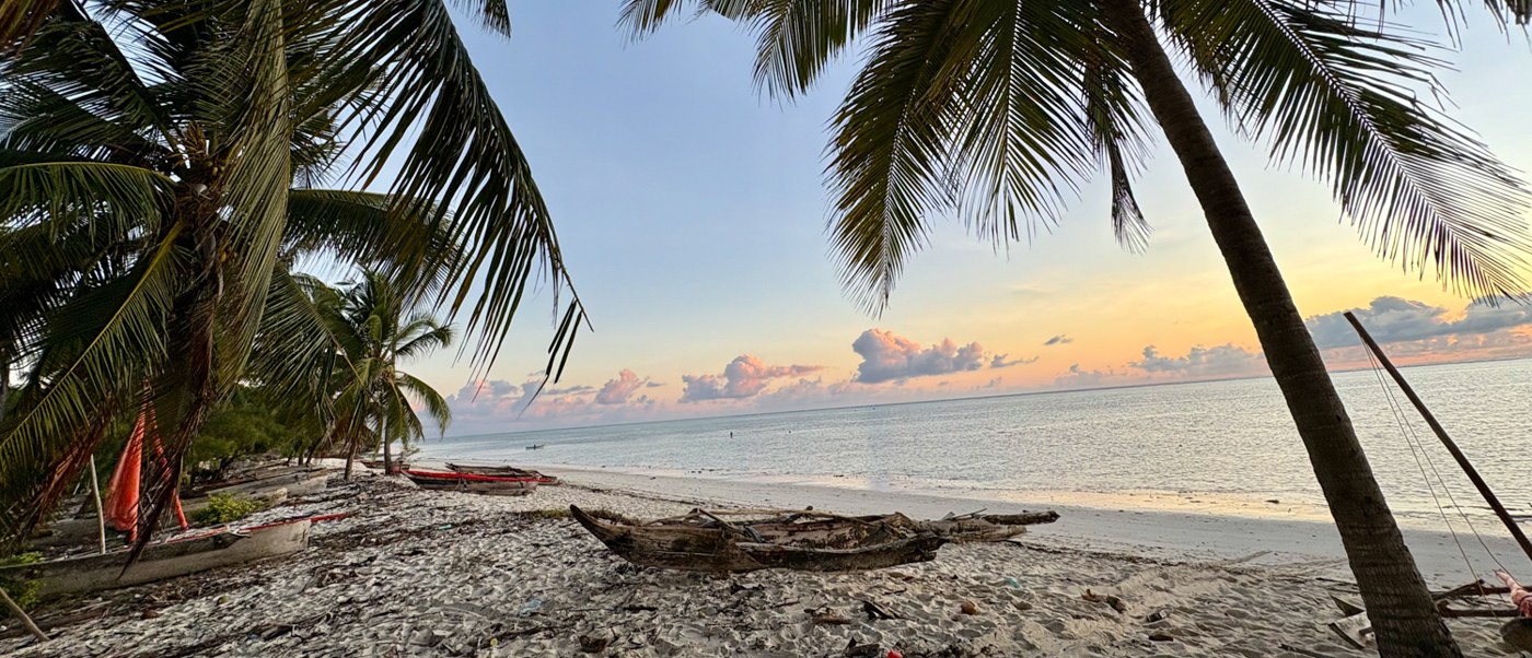 Outrigger canoes rest on the sand under coconut palms as the evening sky turns orange.