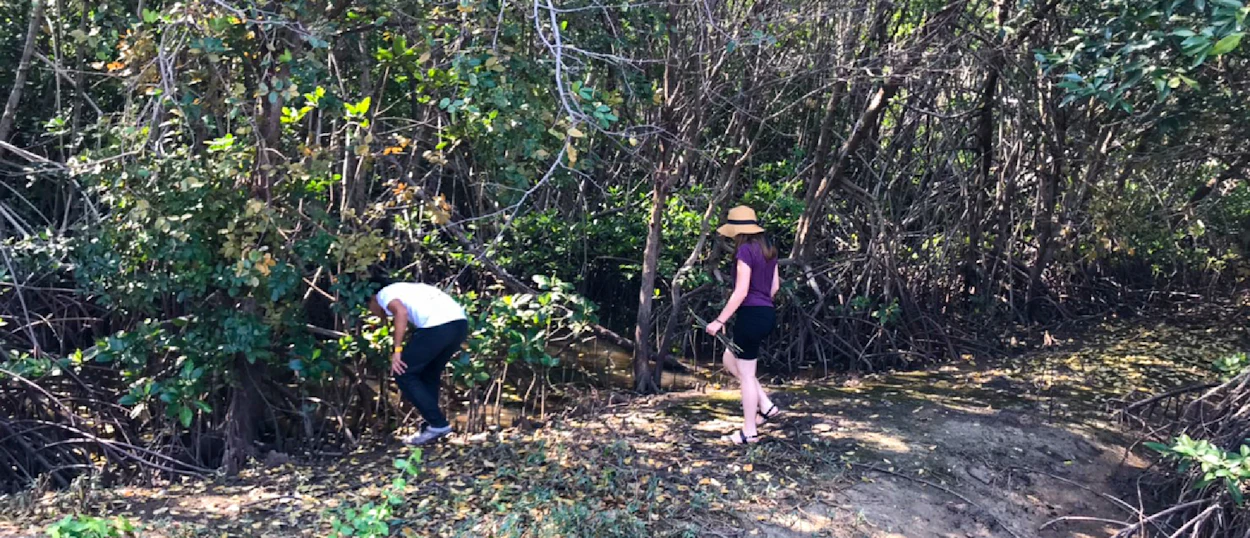 Two volunteers clean up debris among dense green foliage in Pranburi, Thailand.