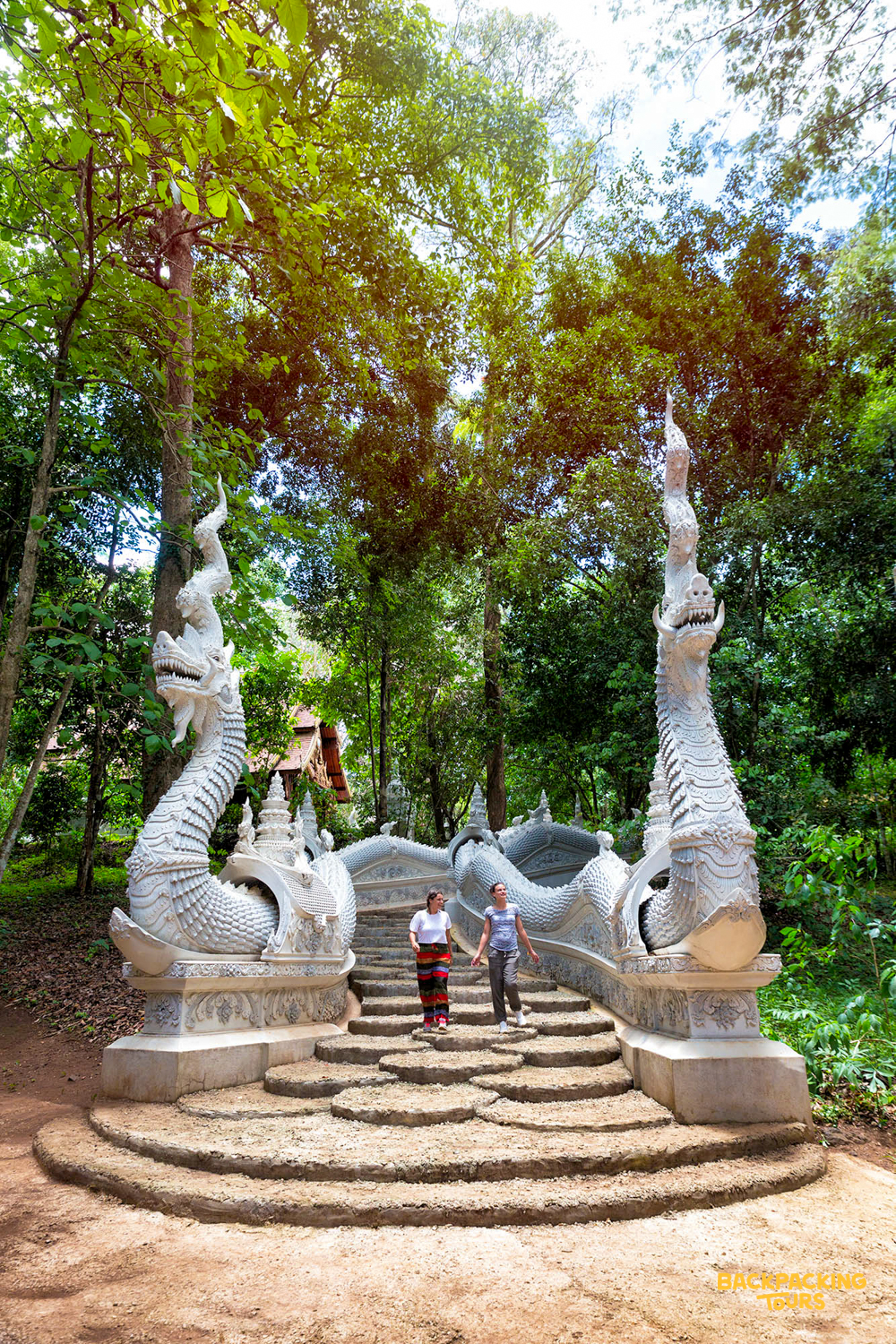 Walking up the ornate Naga staircase at a temple in Chiang Mai during the backpacking tour's temples and waterfalls day