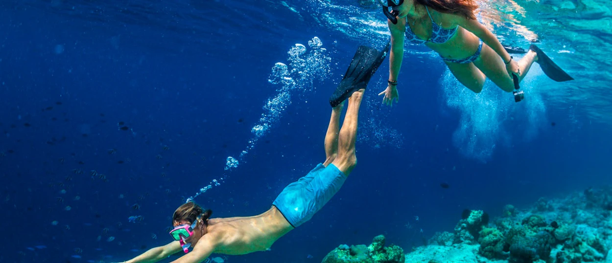 Two people snorkel in the clear blue waters of Koh Phangan, exploring coral reefs.