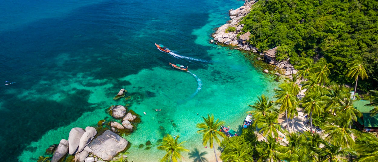 Two longtail boats in clear turquoise water near a lush, palm-fringed beach on Koh Tao.
