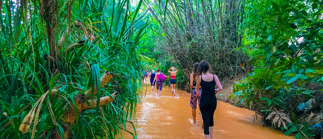 Travelers wade through the shallow red stream surrounded by lush green jungle at Fairy Stream, Mui Ne.
