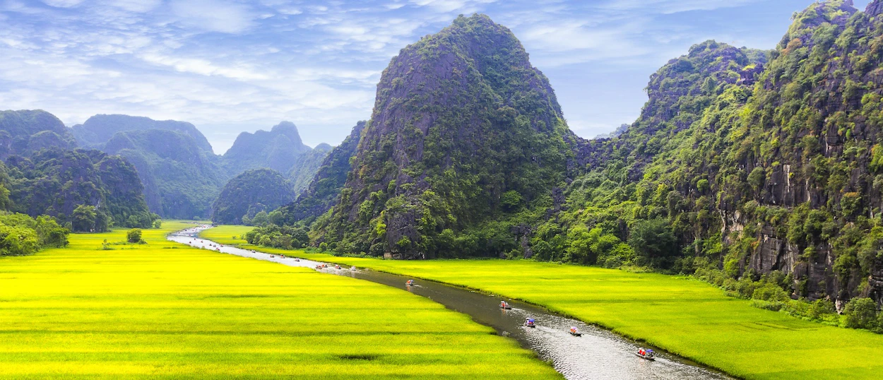 A serene river winds through vibrant green rice paddies surrounded by towering limestone mountains in Tam Coc, Vietnam.
