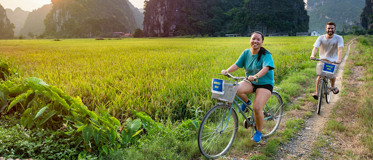 Two happy tourists cycling through vibrant green rice paddies with karst mountains in Ninh Binh.