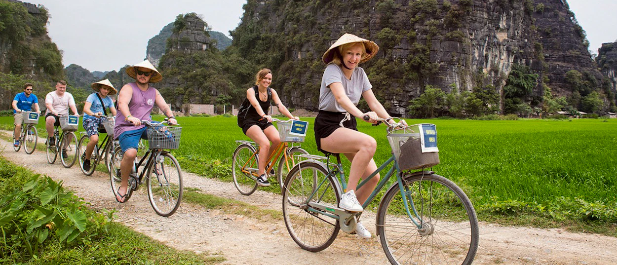 Tourists wearing conical hats cycle through lush rice paddies and stunning karst mountains in Ninh Binh.